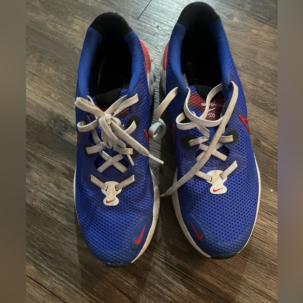 Blue red and white Nikes